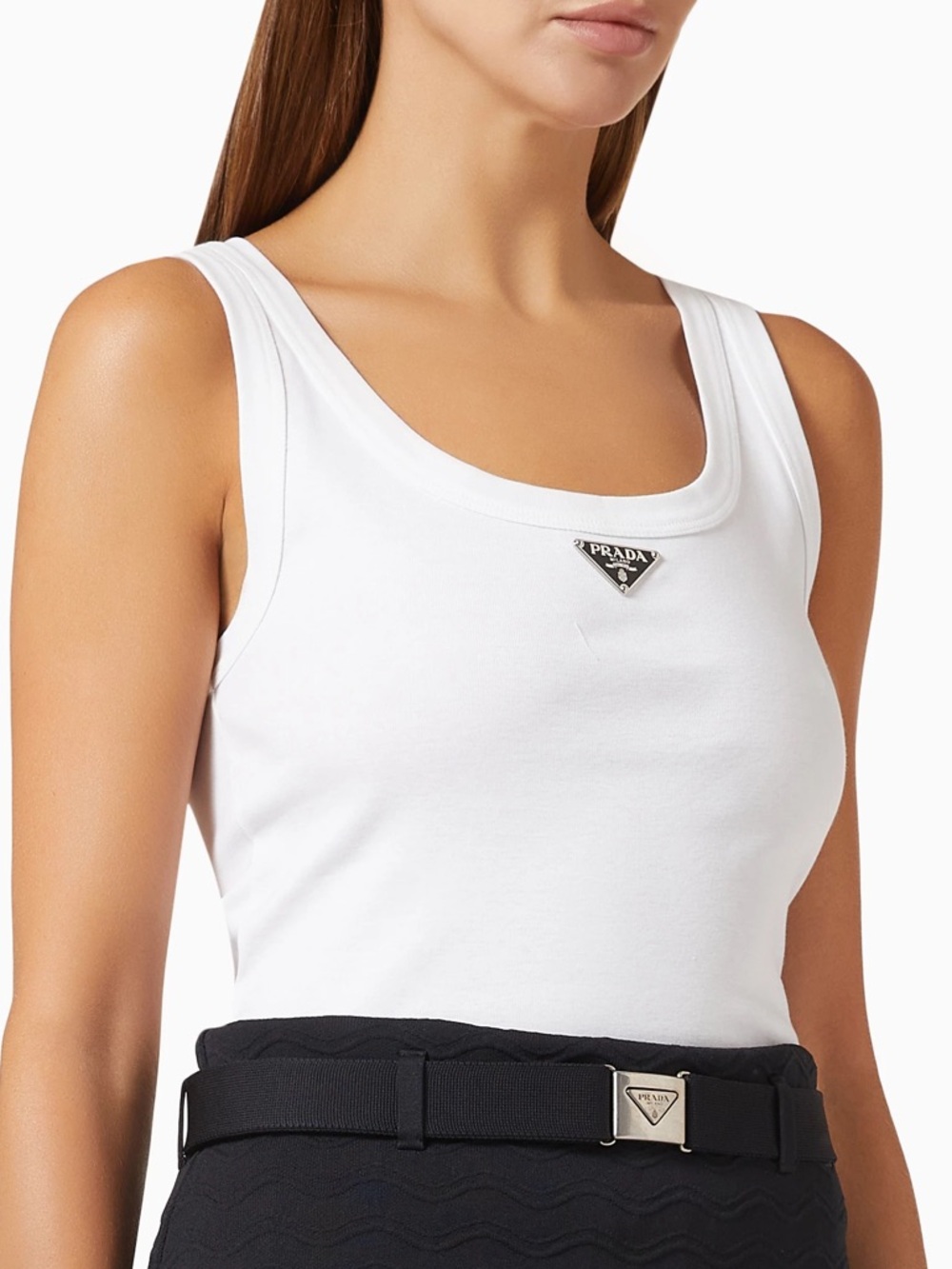 Prada White Crewneck T-Shirt with Metal Bar Detail NWOT